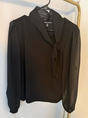 Cable and Gauge Black Long-Sleeve Tie-Neck Blouse Size L